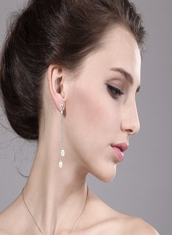 Gem Stone King Cultured Freshwater Pearl Drop Dangle Long Earrings For Women | 925 Sterling Silver | Pearl Size: 7-7.5MM | Length: 3 Inch | Fine Jewelry Gifts for Her Mom Women Wife - Image 4